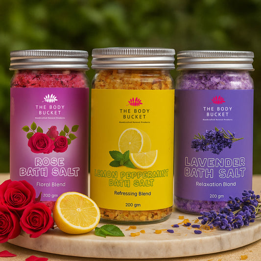 Bath Salts-Pack of 3 | Combo of Lavender, Rose and Lemon Peppermint | Made with Pure and Natural Ingredients | For Soothing and Relaxion Bath, Foot Spa | 200gms each