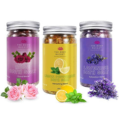 Bath Salts-Pack of 3 - 200gms each | Combo of Lavender, Rose and Lemon Peppermint | For Soothing and Relaxion Bath, Foot Spa