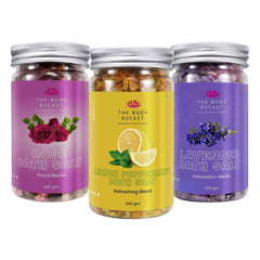 Bath Salts-Pack of 3 | Combo of Lavender, Rose and Lemon Peppermint | Made with Pure and Natural Ingredients | For Soothing and Relaxion Bath, Foot Spa | 200gms each