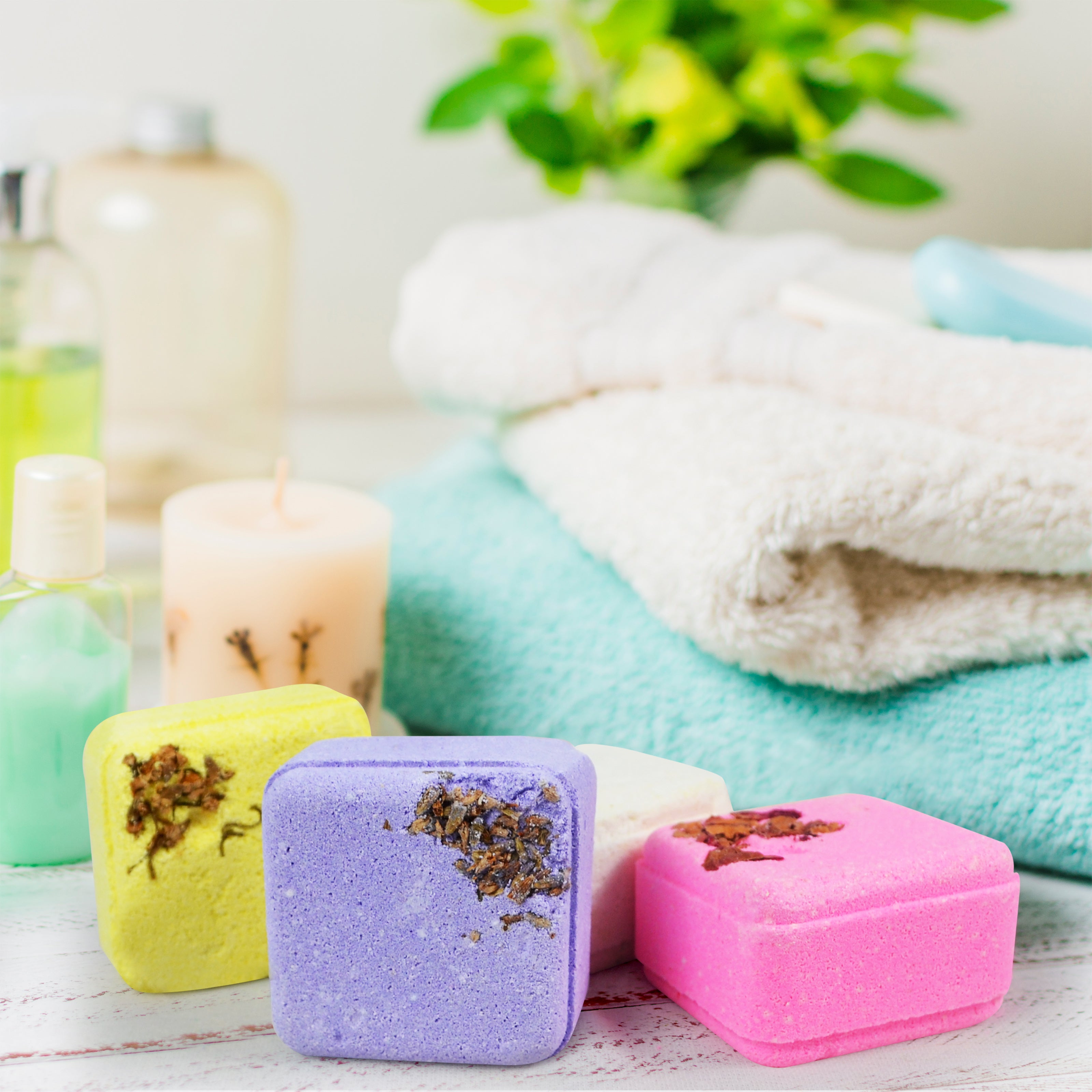 Square bath bombs made with musk, Rose, Lavender and Jasmine fragrance and flower buds & petals(60 gm each)