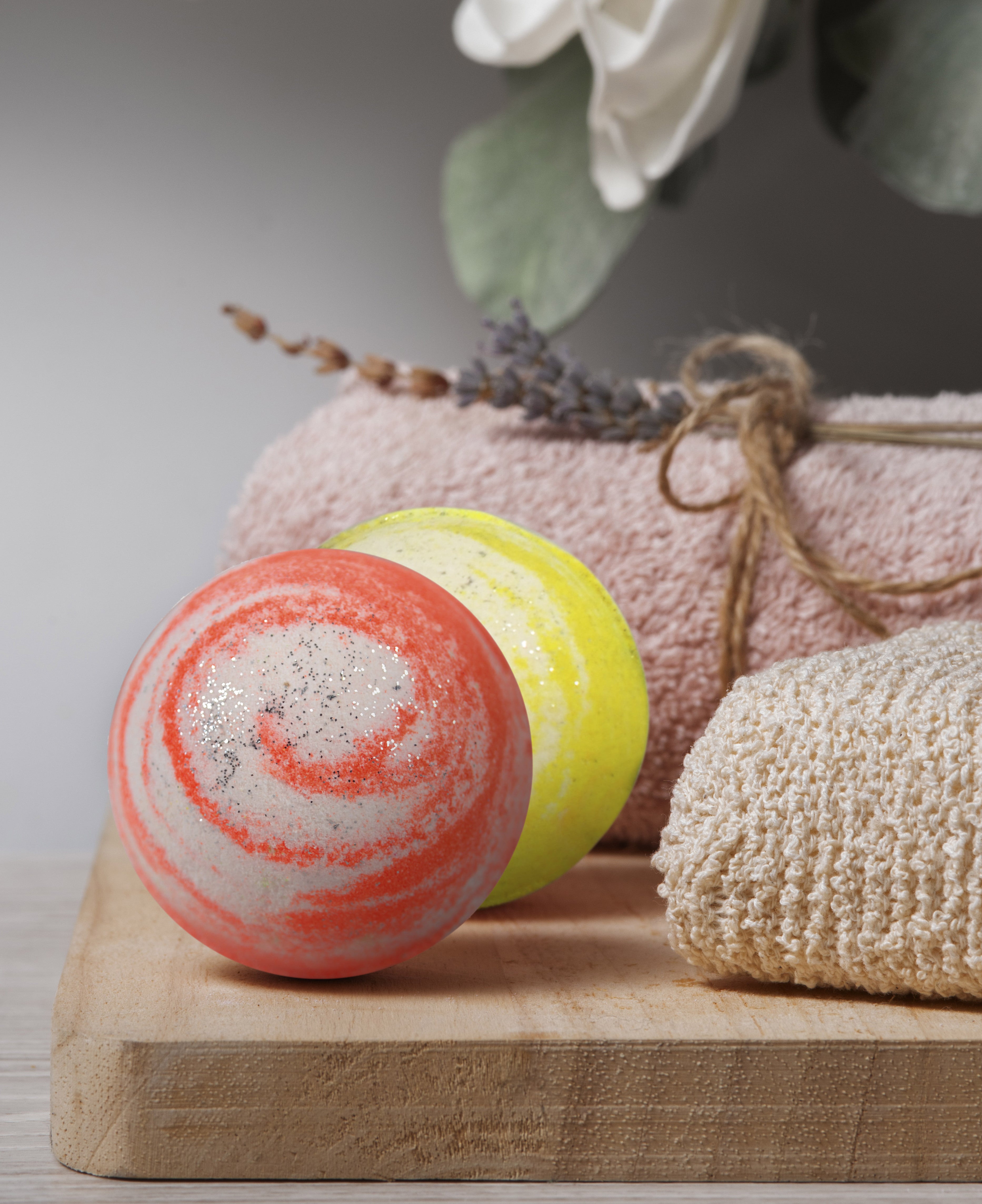 Round swirl  bath bombs with aqua, orange and lemongrass fragrances(65 gram each)