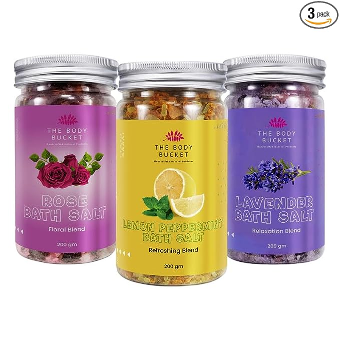 Bath Salts-Pack of 3 -  200gms each | Combo of Lavender, Rose and Lemon Peppermint