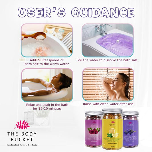 Bath Salts-Pack of 3 | Combo of Lavender, Rose and Lemon Peppermint | Made with Pure and Natural Ingredients | For Soothing and Relaxion Bath, Foot Spa | 200gms each