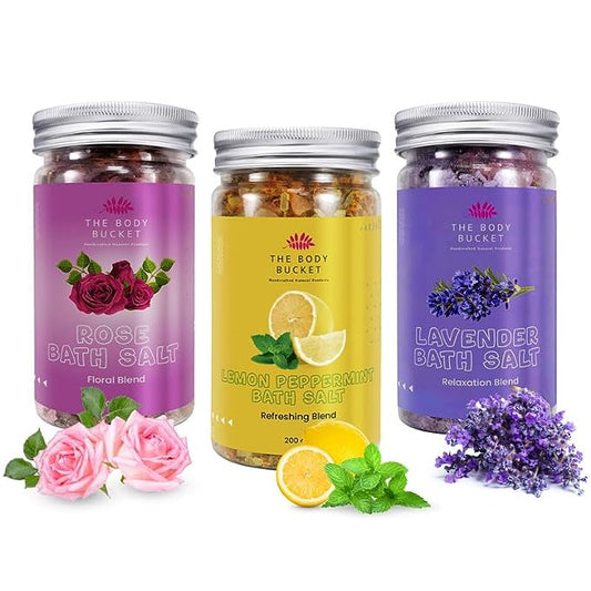 Bath Salts-Pack of 3 -  200gms each | Combo of Lavender, Rose and Lemon Peppermint | For Soothing and Relaxion Bath, Foot Spa