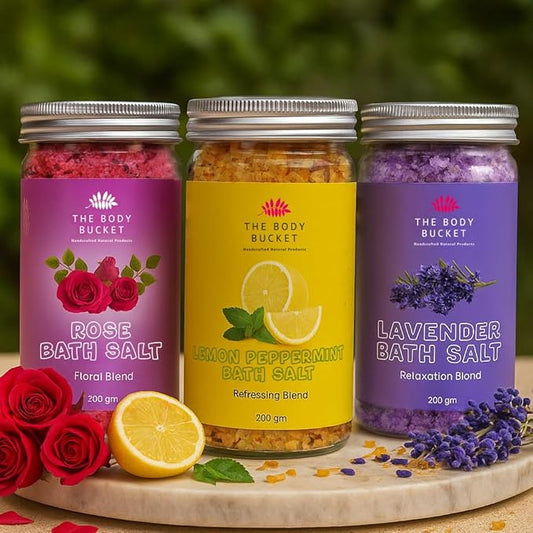 Bath Salts-Pack of 3 -  200gms each | Combo of Lavender, Rose and Lemon Peppermint | For Soothing and Relaxion Bath, Foot Spa